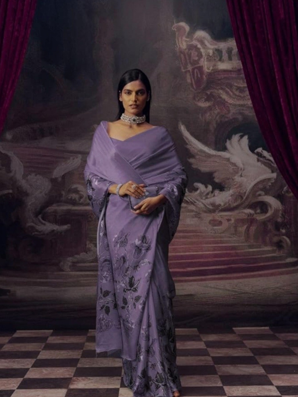 Bombay Lavender Purple Saree with Black Floral Embroidery